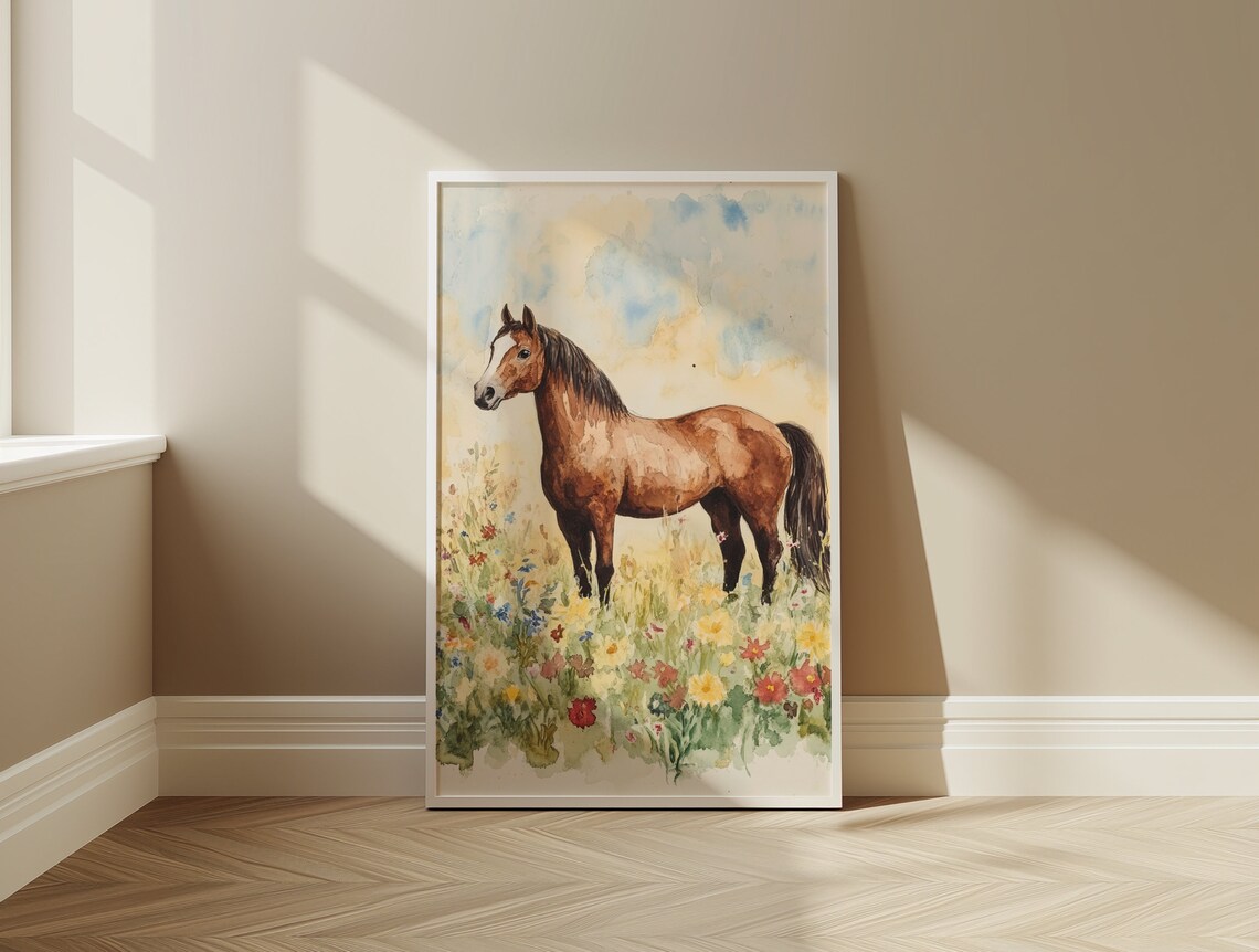 Sunny Brown Horse Standing in Wildflower Meadow Watercolor Poster - Image 3