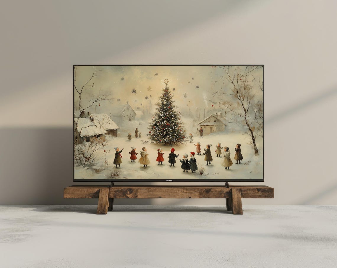 Cozy Christmas Village Kids Tree Vintage Winter Frame TV Art Print