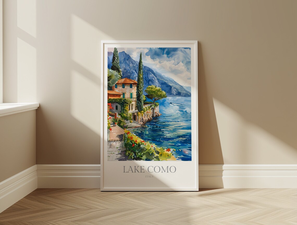 Lake Como Italy Watercolor Lakeside Villa Mountains View Poster - Image 2
