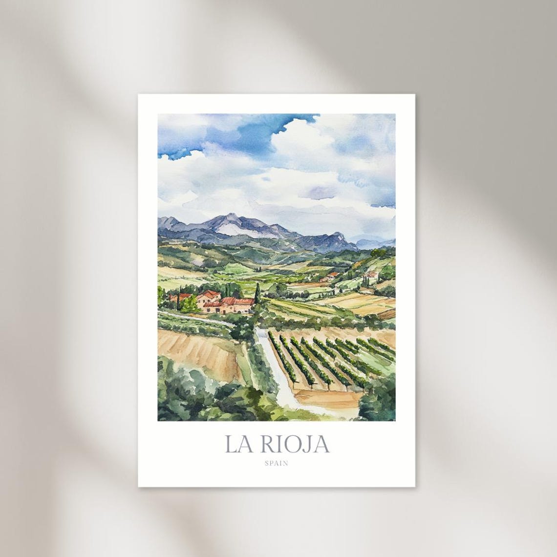 La Rioja Spain Vineyard Rows Farmhouse Mountain Travel Poster