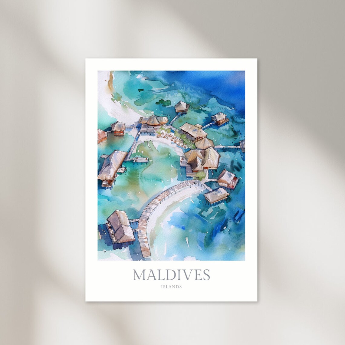 Maldives Islands Aerial Overwater Villas Turquoise Watercolor Poster