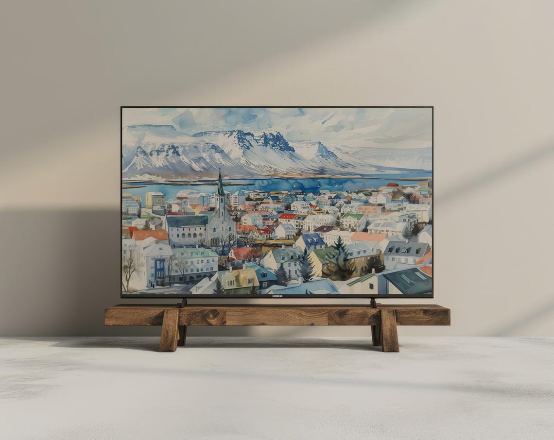 Reykjavik Iceland Watercolor Cityscape Mountain Skyline Wall Art - Image 3