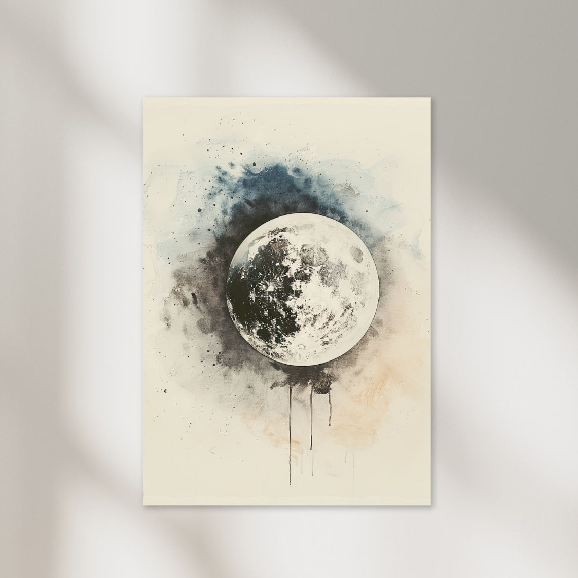 Monochrome Full Moon Ink Splatter Minimalist Black White Poster Art - Image 2