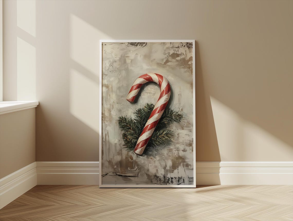 Vintage Christmas Candy Cane Oil Painting Style Holiday Wall Art