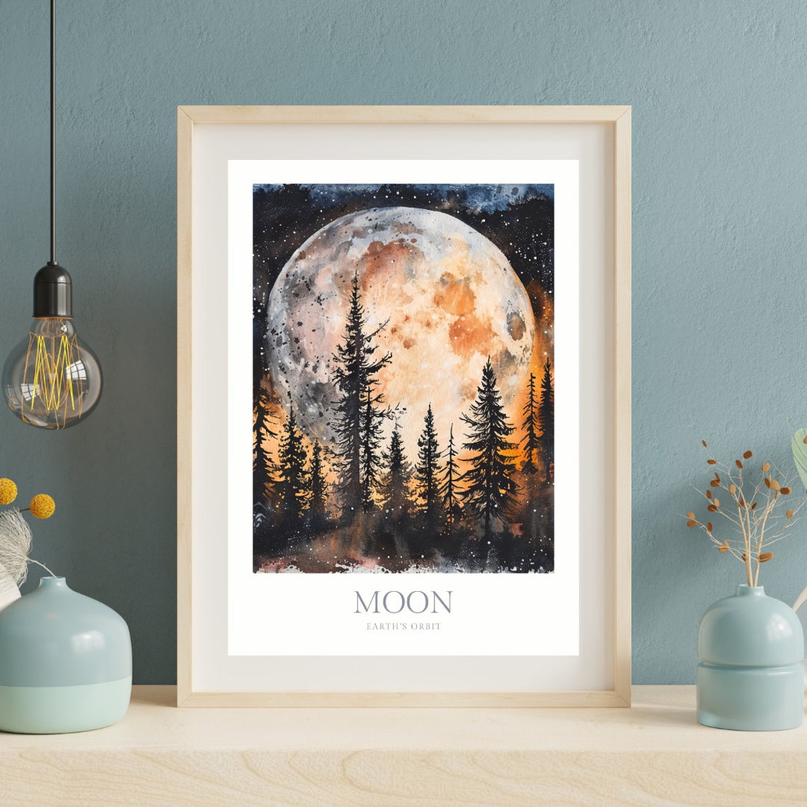 Full Moon Earths Orbit Rising Over Dark Pine Forest Watercolor Poster - Image 2