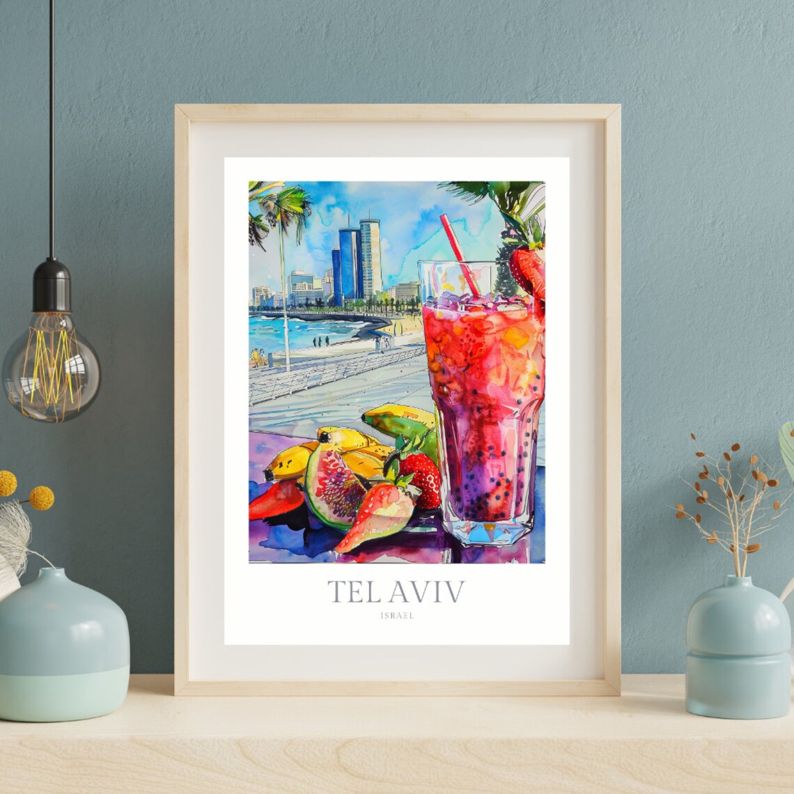 Tel Aviv Israel Watercolor Strawberry Smoothie Beach Travel Poster - Image 2