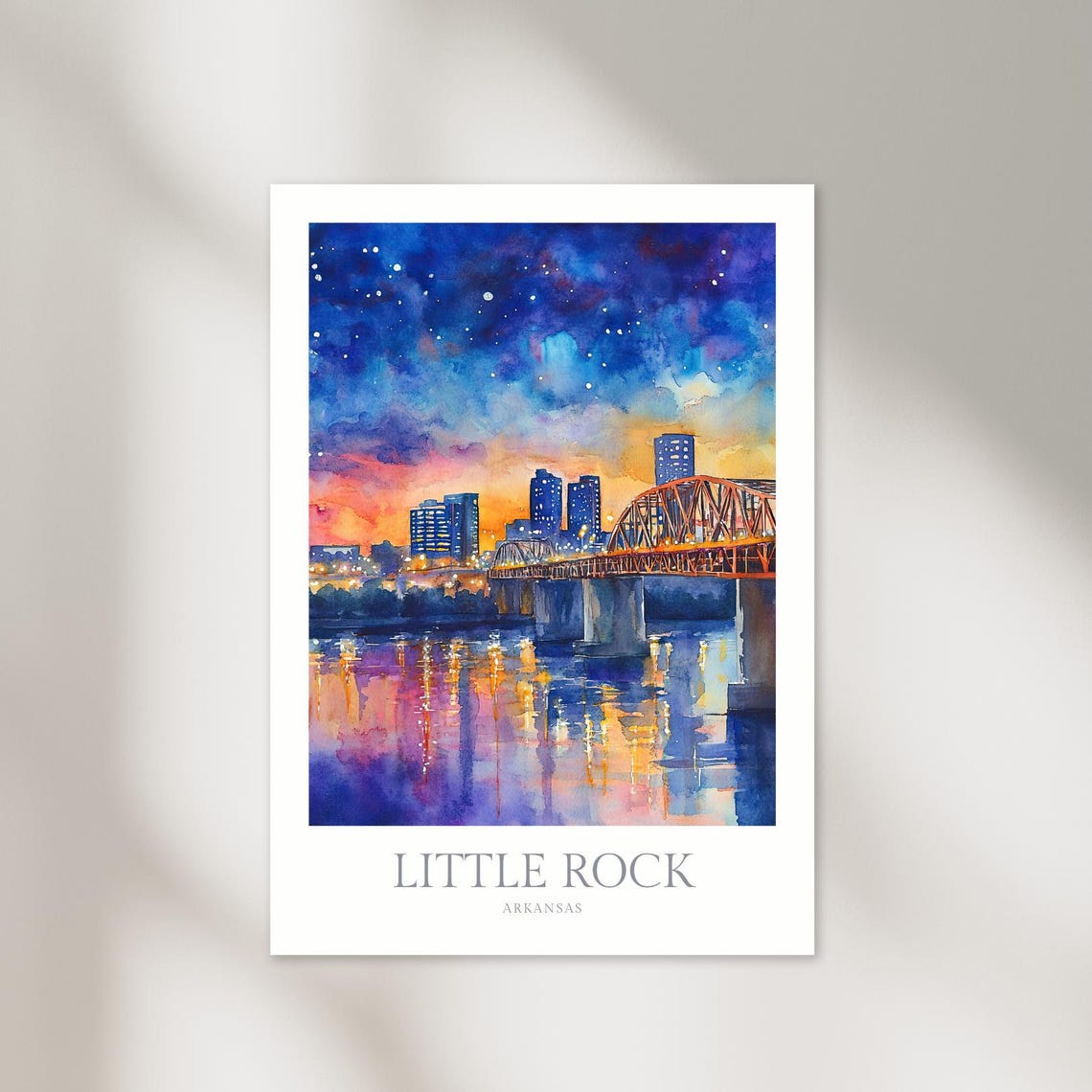 Little Rock Arkansas Watercolor Skyline Bridge River Dusk Poster