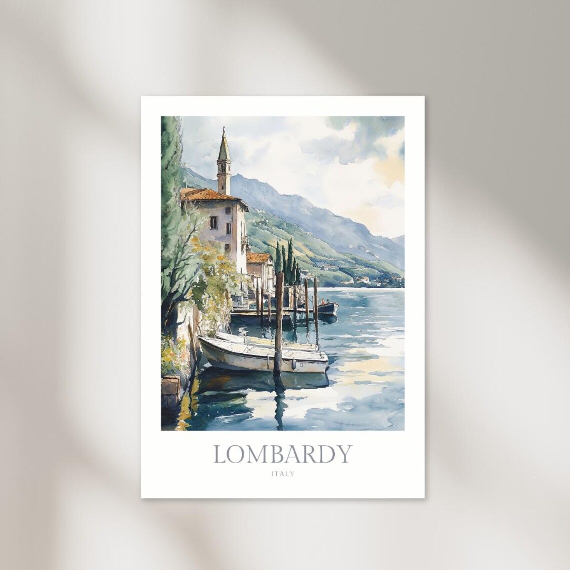Lombardy Italy Lakeside Village Church Tower Boat Watercolor Poster