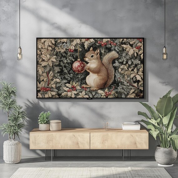 Squirrel Christmas Ornament Vintage Tapestry Frame TV Art Print