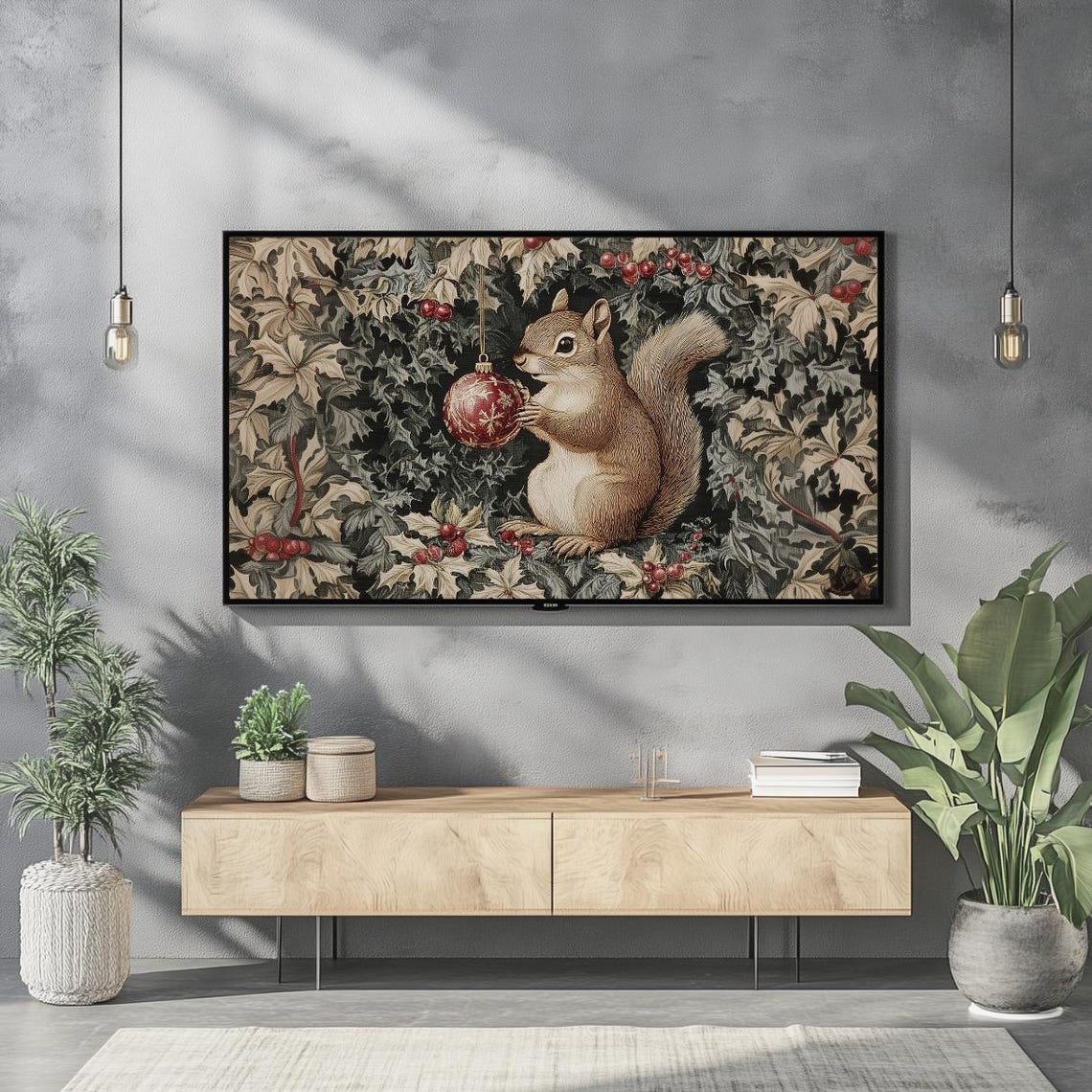 Squirrel Christmas Ornament Vintage Tapestry Frame TV Art Print