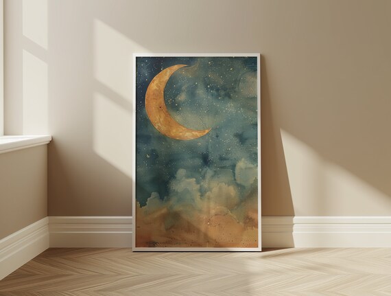 Golden Crescent Moon Vintage Starry Teal Night Sky Watercolor Poster