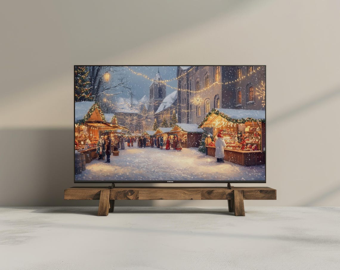 Christmas Market Night Wooden Stalls String Lights Winter Art Poster - Image 3