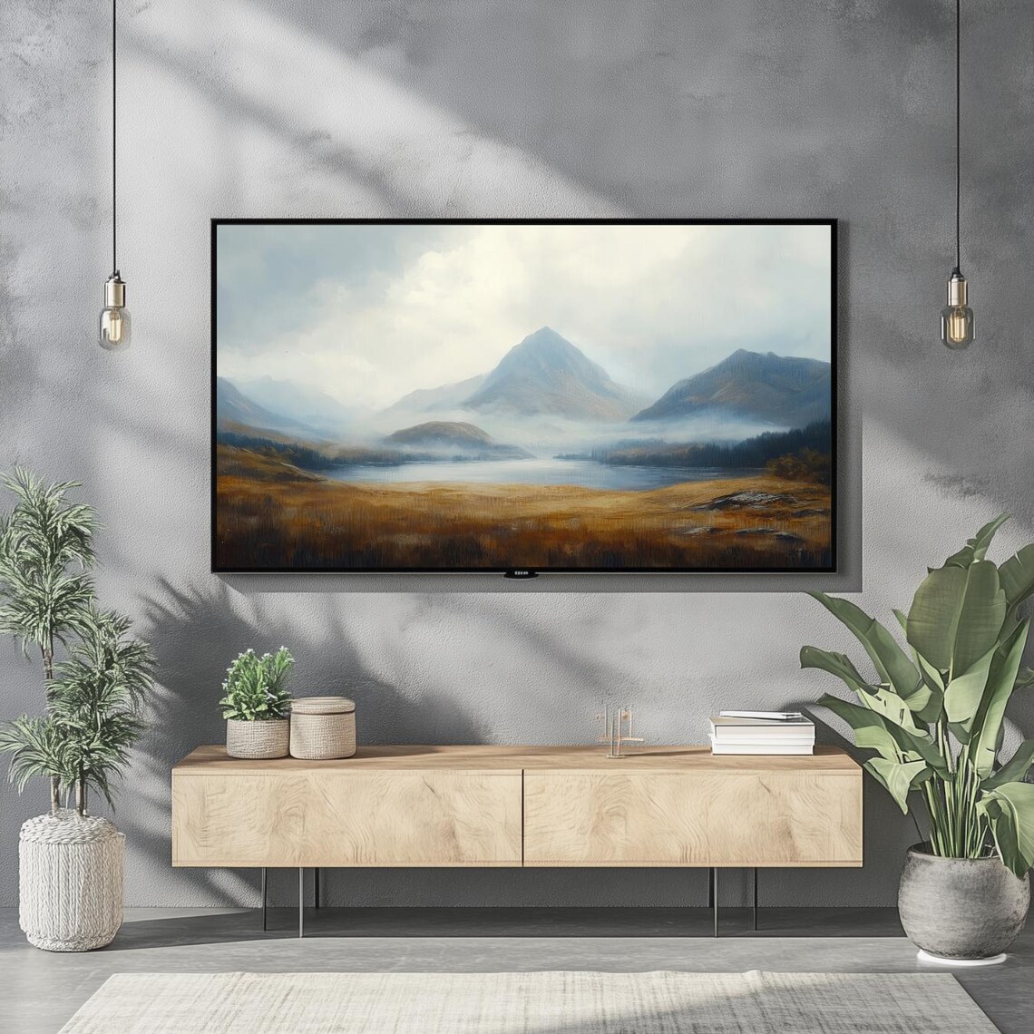 Misty Autumn Mountains Lake Vintage Rustic Landscape Oil Painting Poster - Image 2