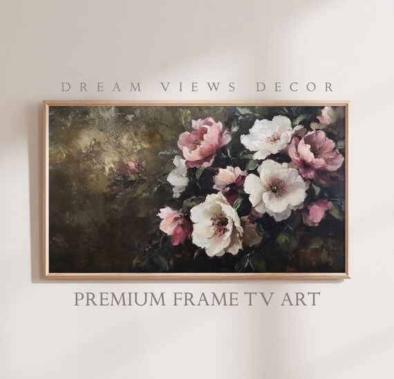 Floral Frame Tv Art Dark Moody Flower Oil Painting Vintage Autumn Flowers Rustic Fall Decor Frame Tv Art Baroque