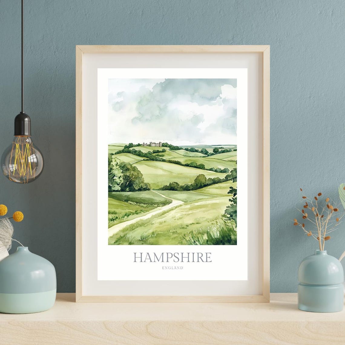 Hampshire England Rolling Green Hills Watercolor Nature Poster - Image 2
