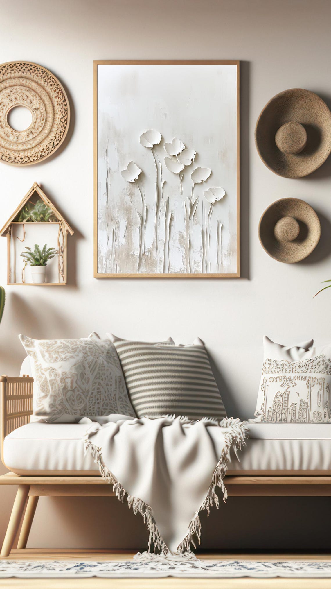 White Plaster Floral Relief Botanical Minimalist Textured Art Poster - Image 3