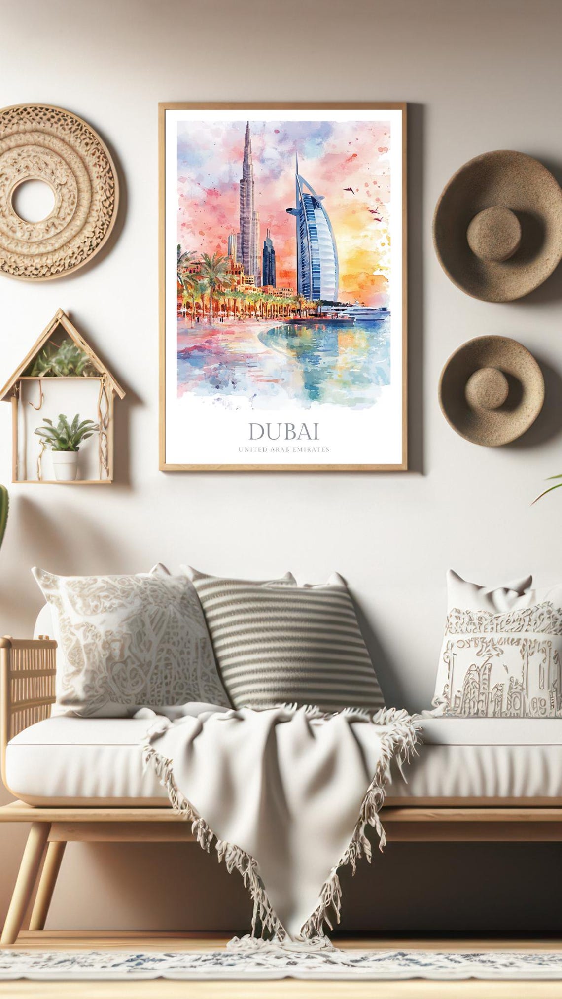 Dubai Watercolor Burj Khalifa Burj Al Arab Skyline Sunset Poster - Image 2