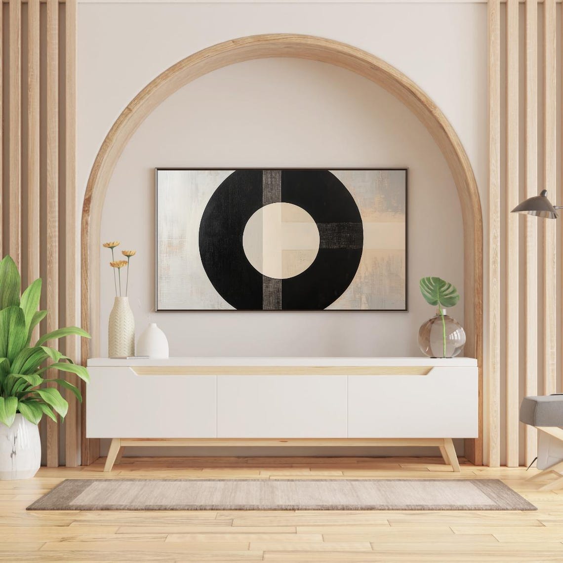 Bold Black Circle Geometric Abstract Neutral Canvas Frame TV Poster - Image 2