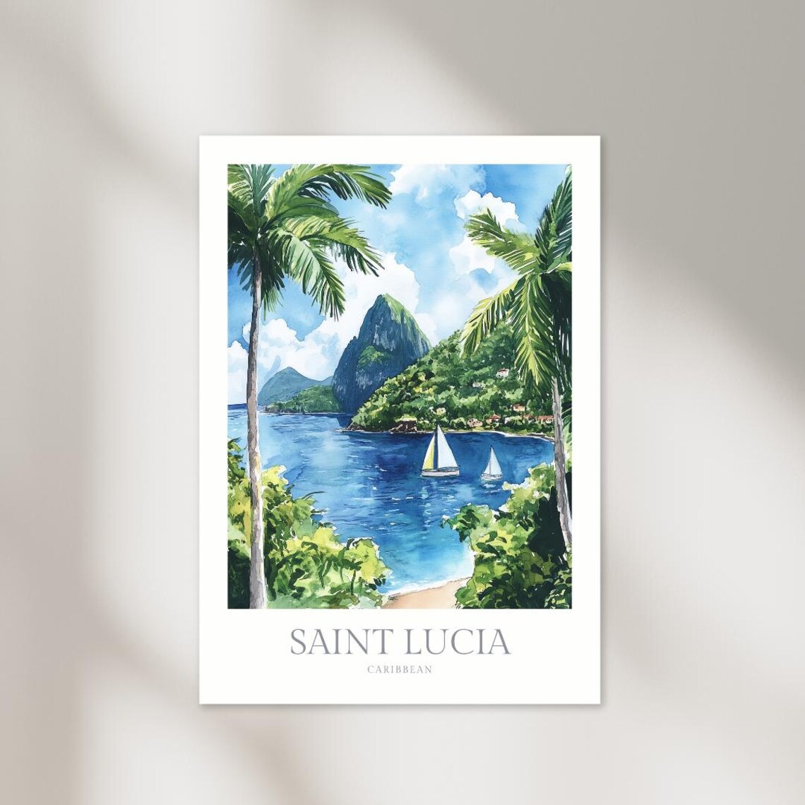 Saint Lucia Watercolor Poster, Caribbean Home Decor