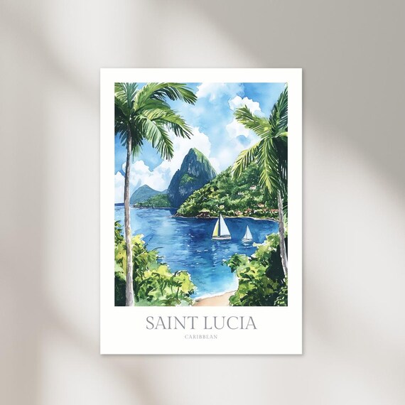 Saint Lucia Watercolor Poster, Caribbean Home Decor