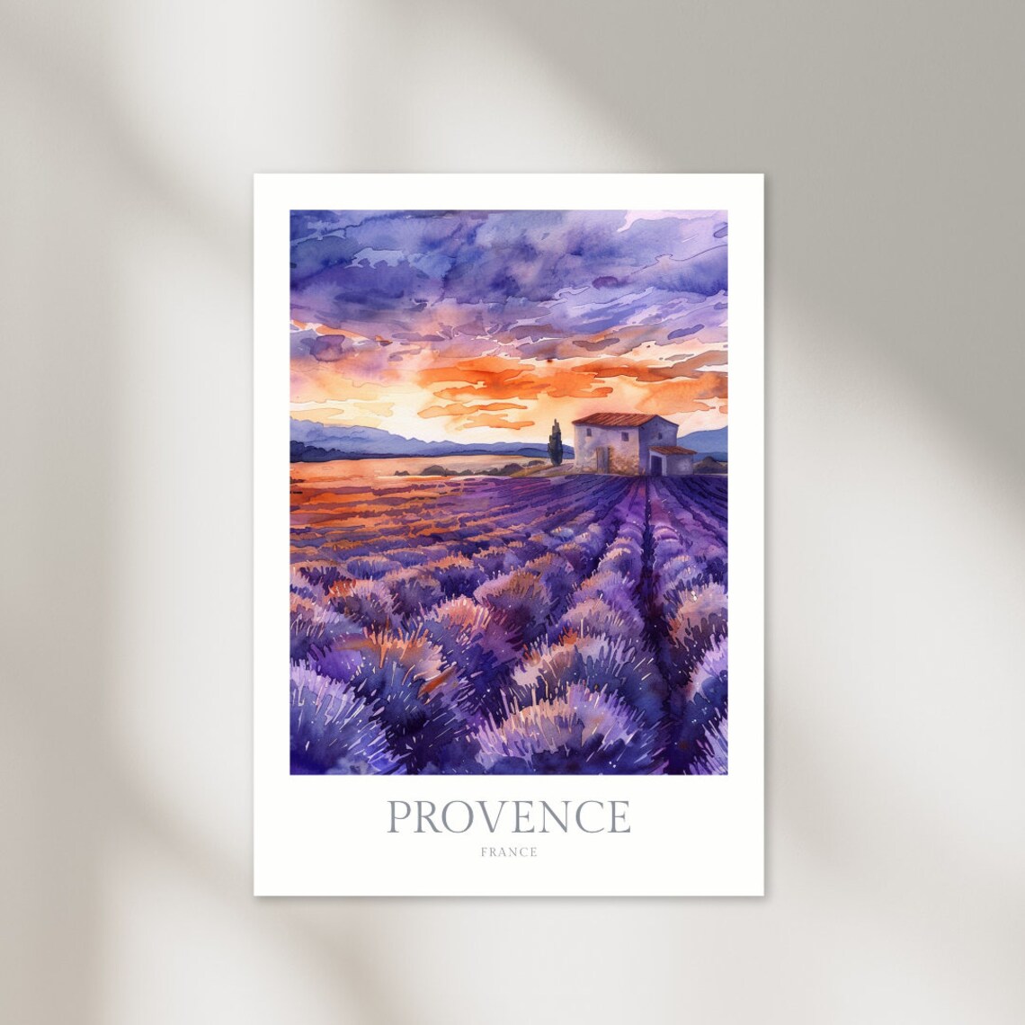 Provence France Lavender Field Sunset Farmhouse Watercolor Poster