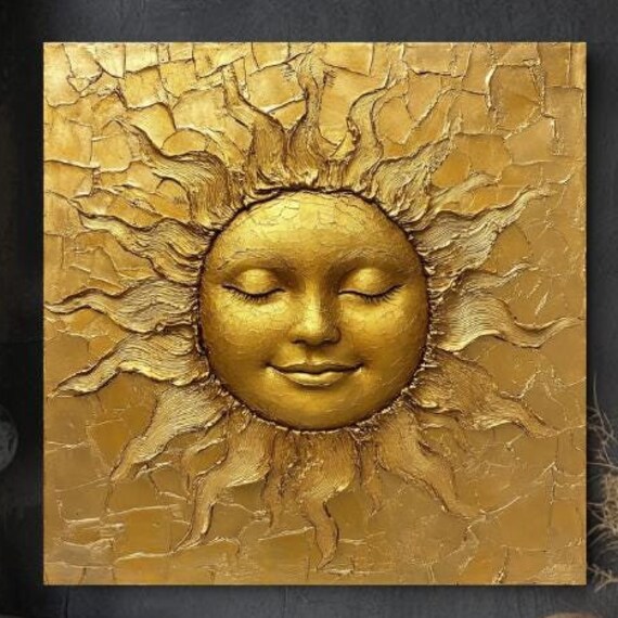 Golden Sun Face Textured Relief Celestial Mystical Sunshine Poster