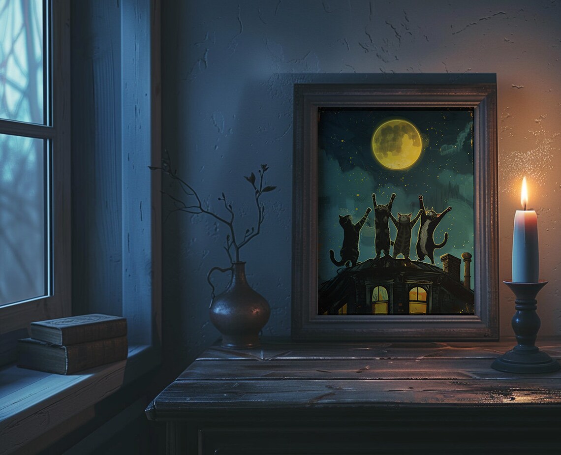 Four Cats On Rooftop Reaching For The Full Moon Night Poster - Image 2