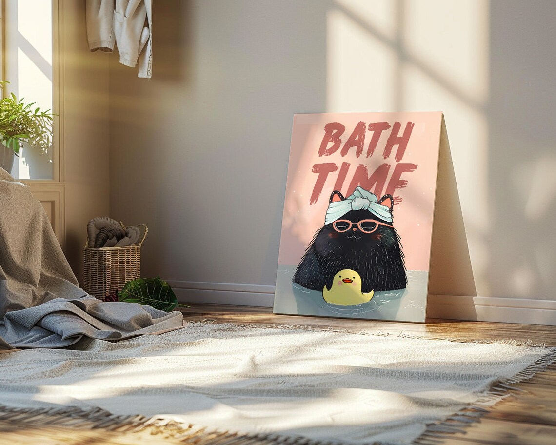 Bath Time Fluffy Black Cat With Towel Turban Rubber Duck Poster - Image 2