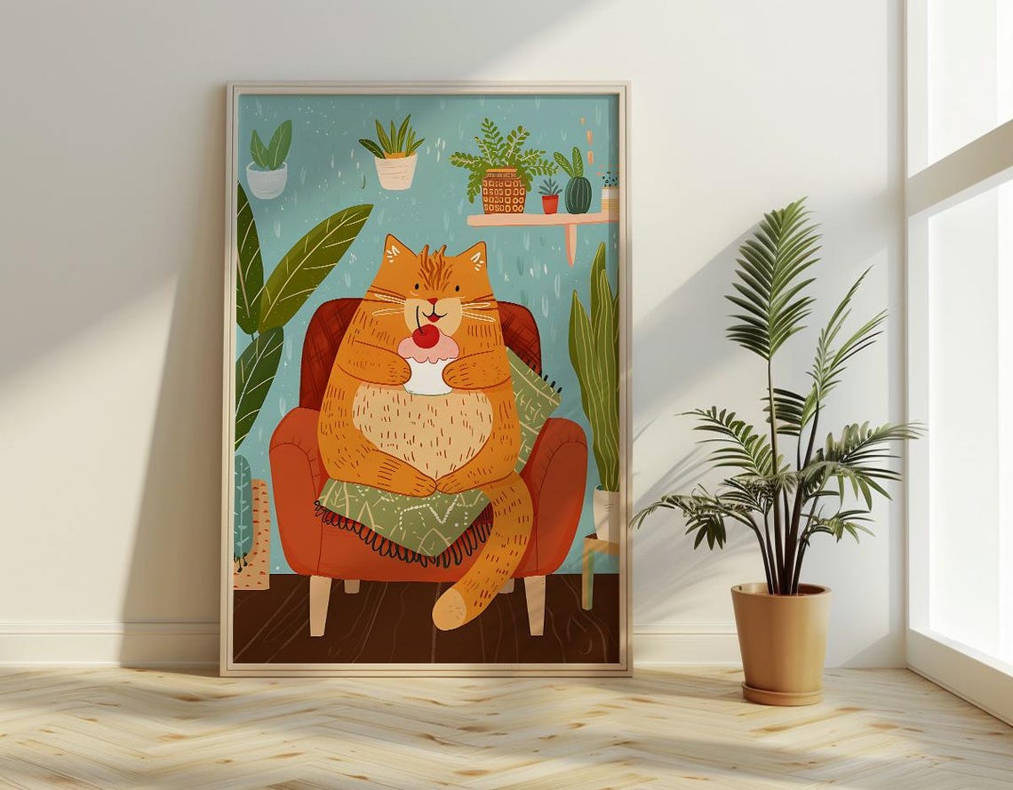 Chubby Orange Cat Eating Ice Cream Sundae On Red Armchair Poster - Image 3