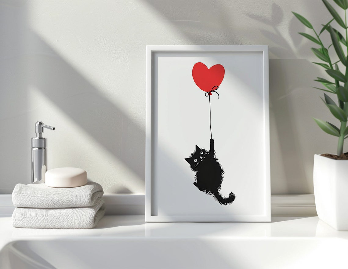 Black Cat Hanging From A Red Heart Balloon Minimalist Poster - Image 3