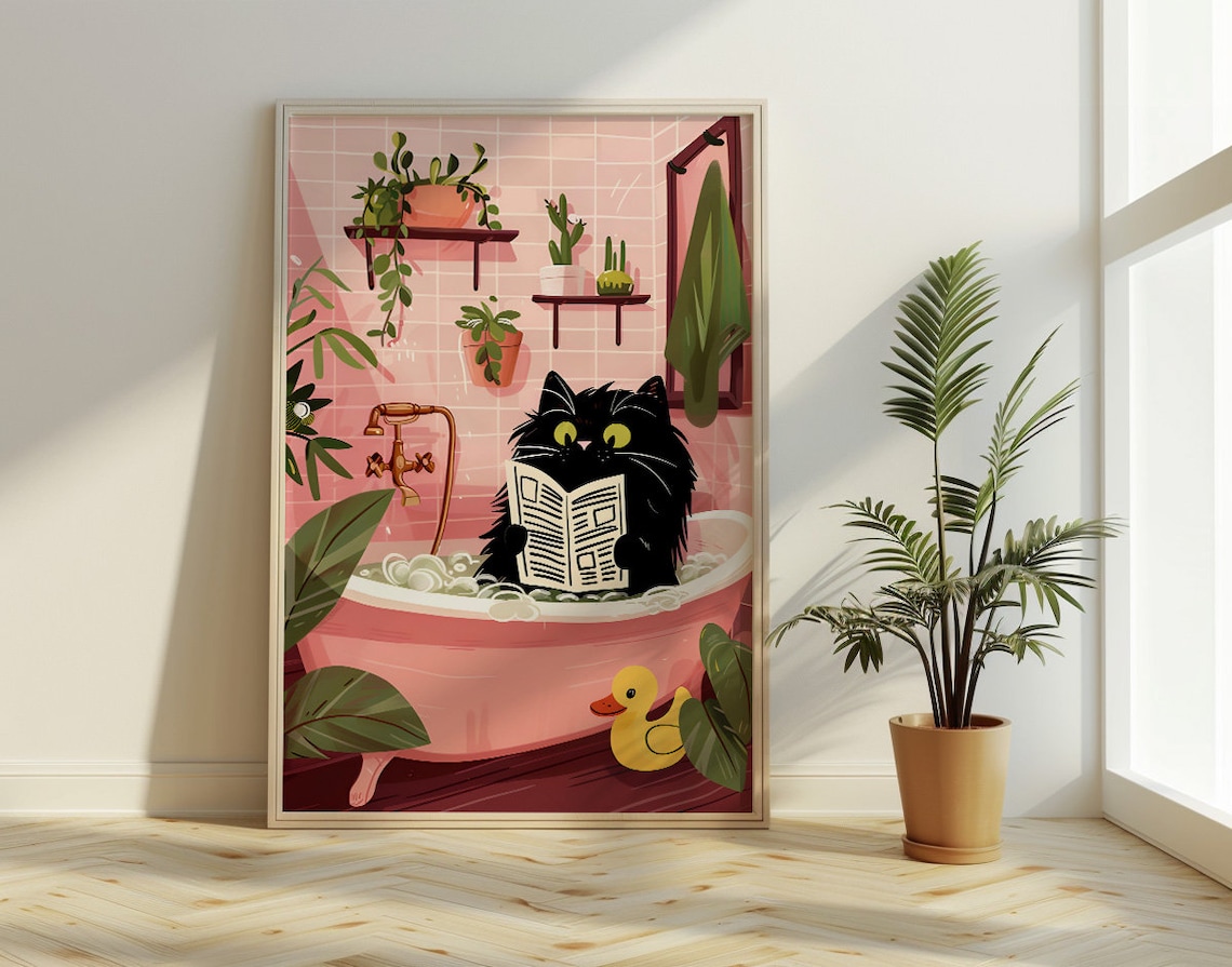 Bathroom Cat Reading Newspaper, Vintage Maximalist Art Print - Image 2