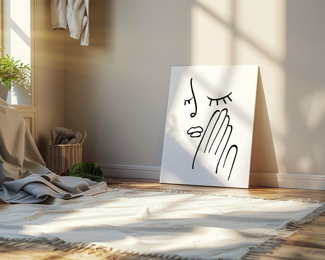 Minimalist Line Art Woman Face With Hand Covering Mouth Poster - Image 2