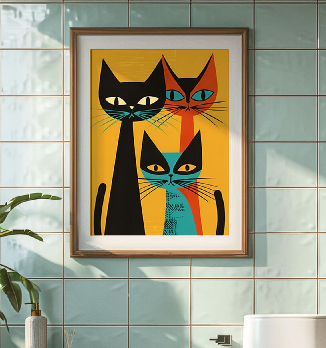 Three Mid Century Modern Cats On Mustard Yellow Vintage Poster - Image 2