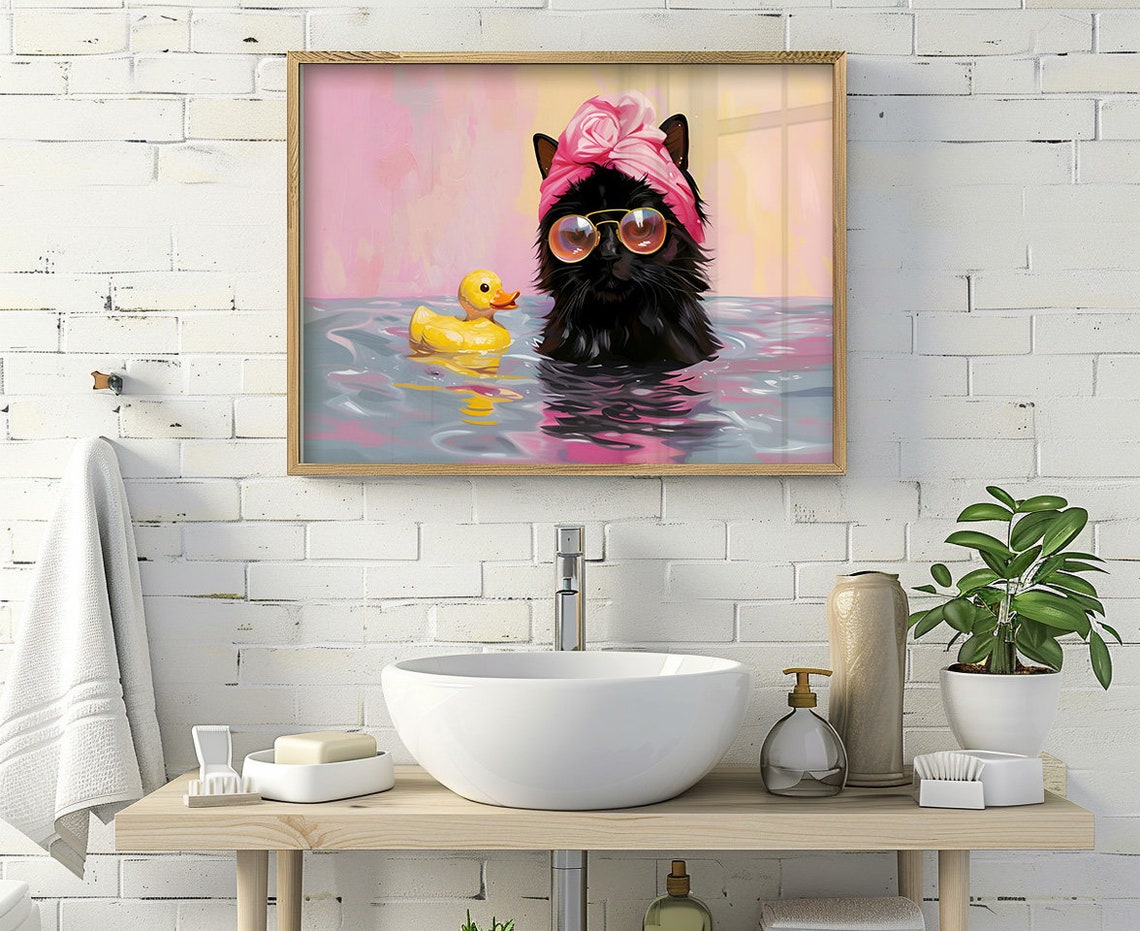 Black Cat Sunglasses Towel Wrap Bath Rubber Duck Funny Poster - Image 2