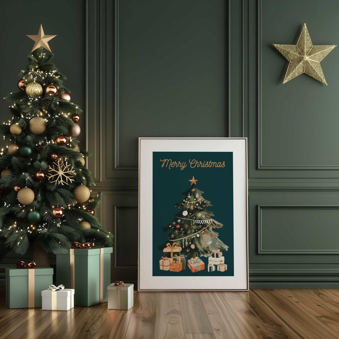 Festive Gold Merry Christmas Script Teal Tree Gifts Holiday Poster - Image 2
