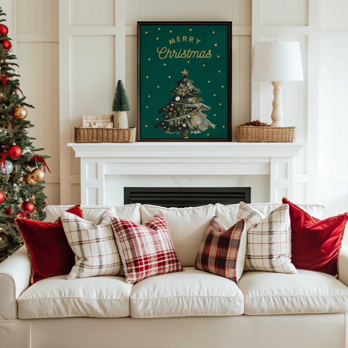 Festive Gold Merry Christmas Script Green Watercolor Tree Poster - Image 4