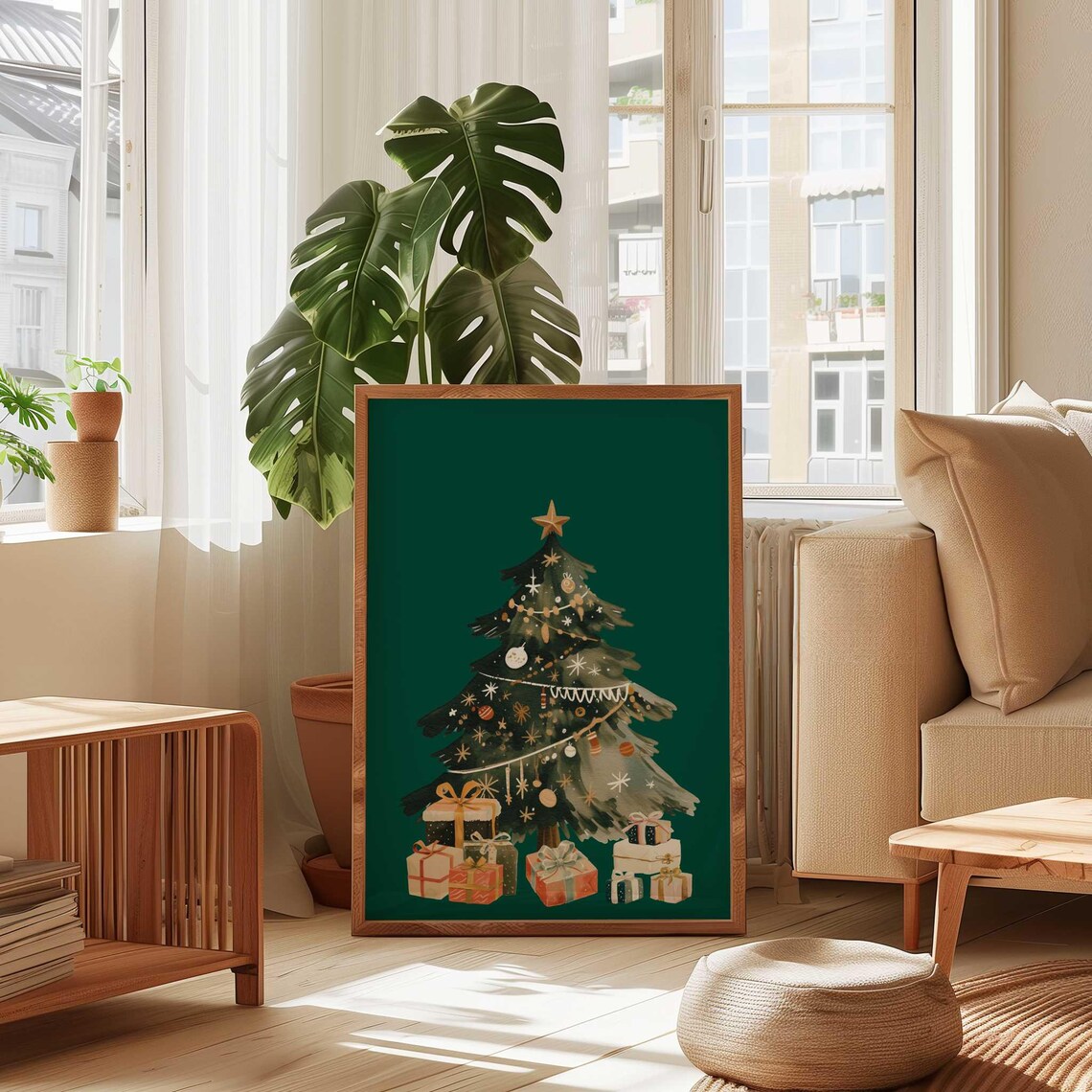 Watercolor Christmas Tree With Gifts Dark Green Holiday Poster - Image 4