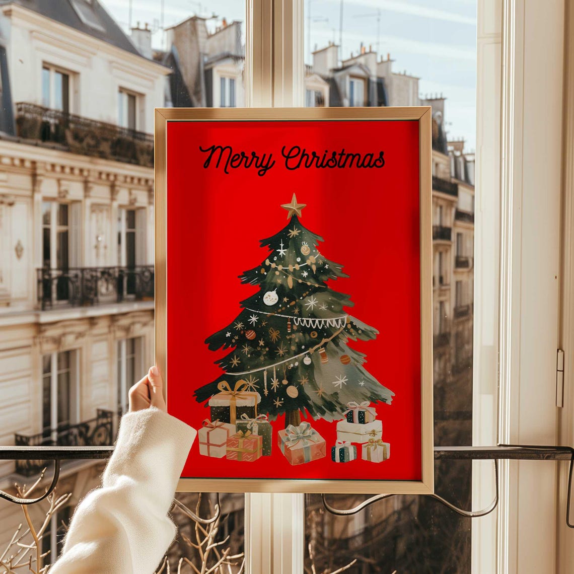 Black Merry Christmas Script Red Watercolor Tree Gifts Holiday Poster - Image 3