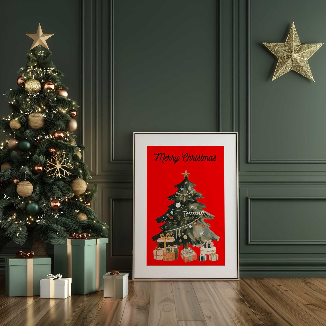 Black Merry Christmas Script Red Watercolor Tree Gifts Holiday Poster - Image 2