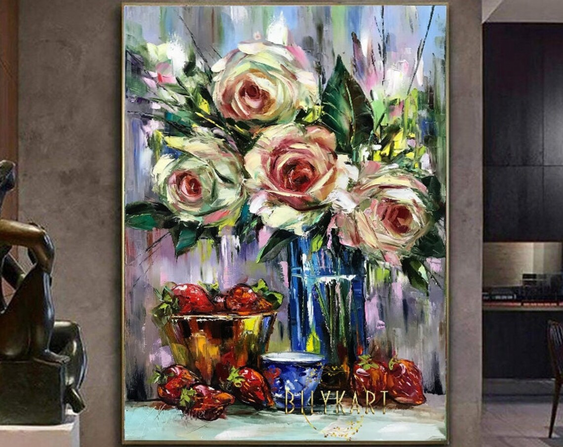 White Roses Blue Glass Vase Strawberries Floral Still Life Poster