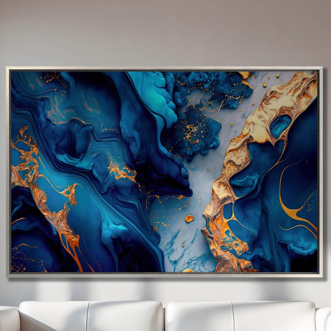 Blue and Gold Textured Marble Abstract Art Print
