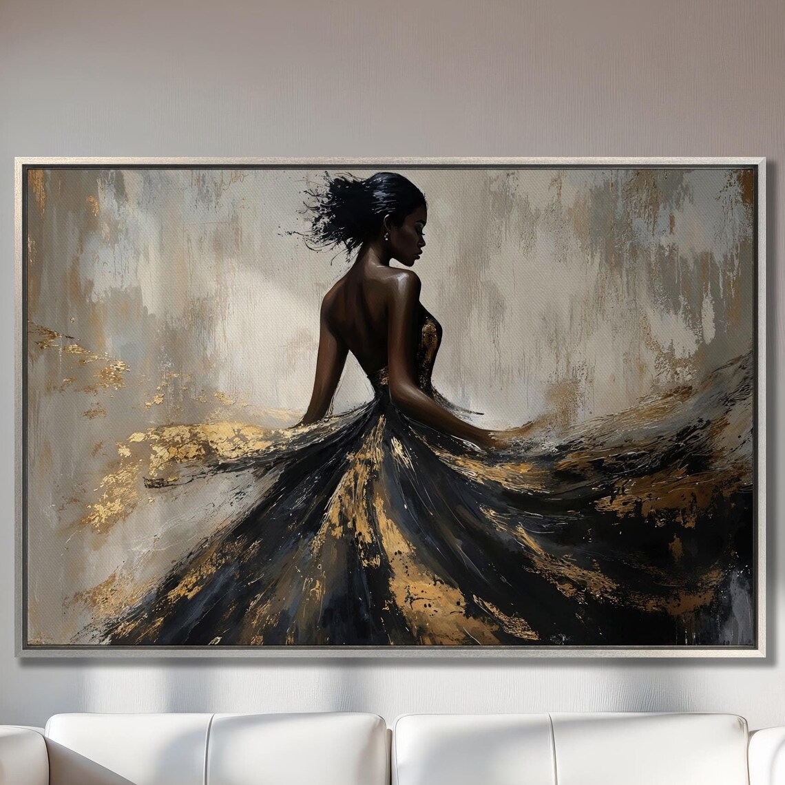 Beautiful Woman in Dress, Black and Gold Abstract Art Print
