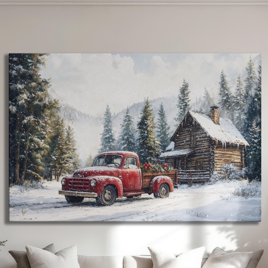Vintage Red Truck With Flowers At Snowy Cabin Christmas Poster
