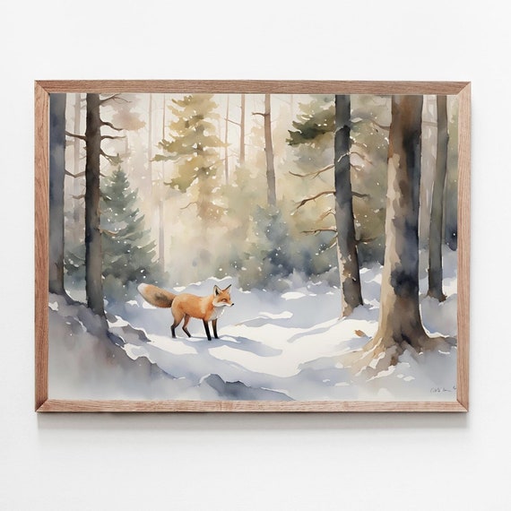 Fox Wall Art, Winter Forest Watercolor Art Print