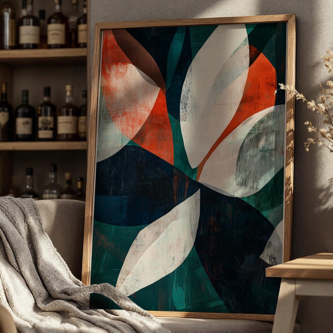 Abstract Midcentury Modern Art Print Navy Orange Cream Shapes Decor