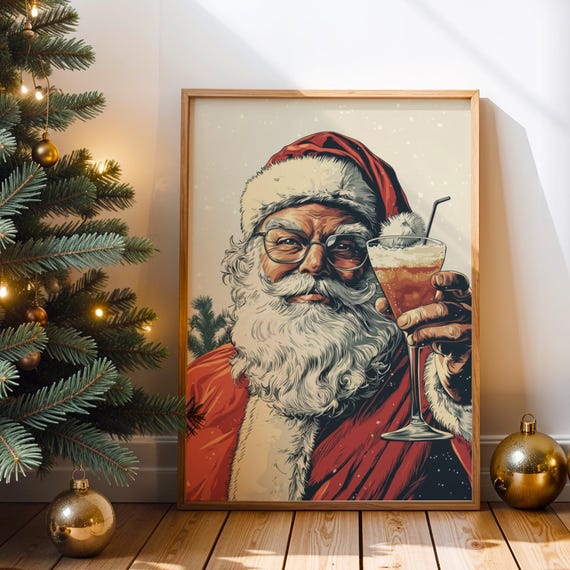 Retro Santa Claus Cocktail Print Vintage Christmas Poster Funny