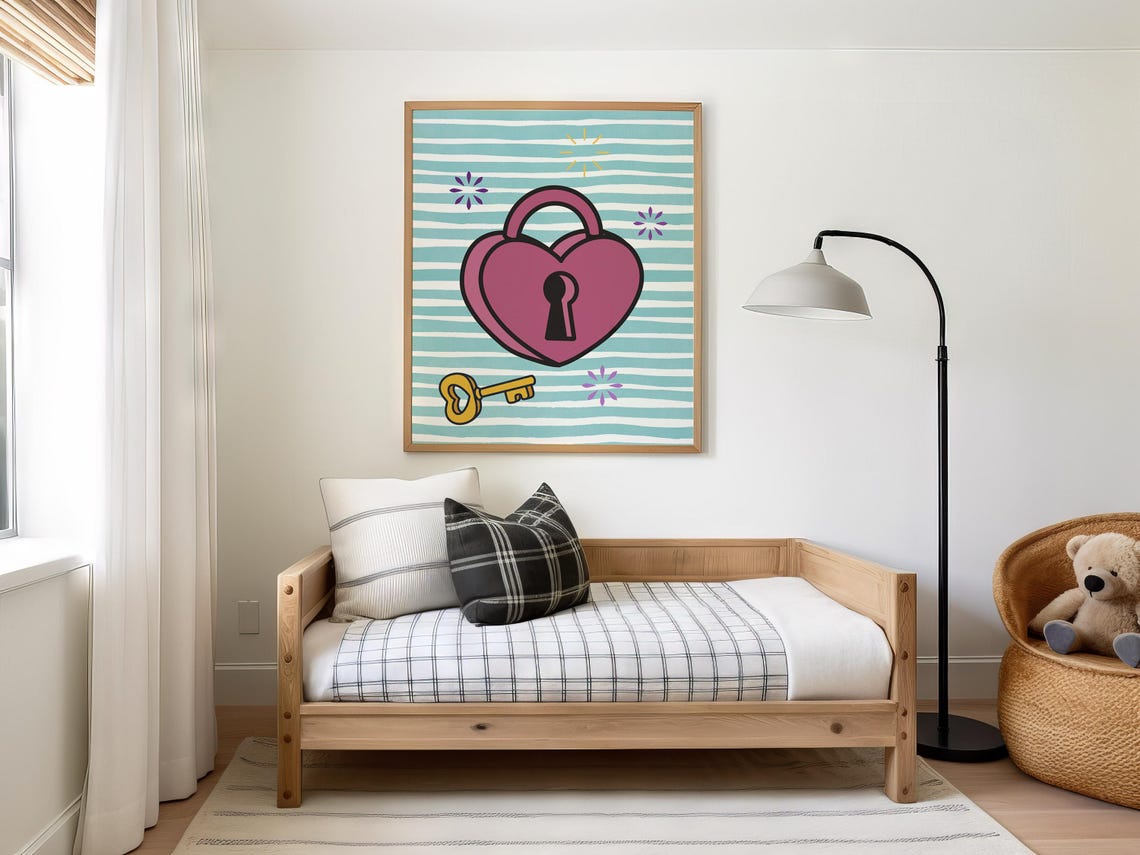 Retro Whimsical Heart Lock Art Print Edgy Valentines Illustration