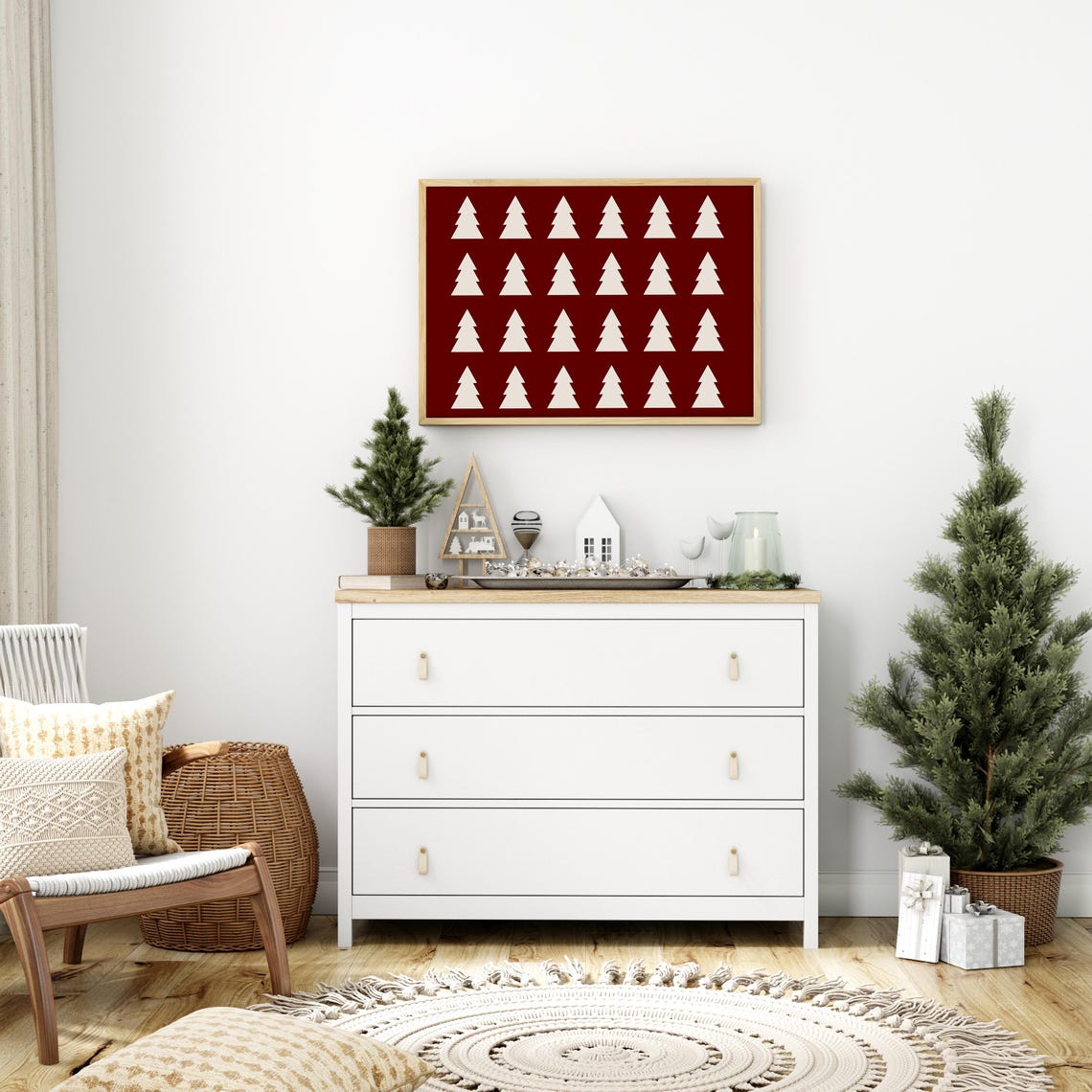 Geometric Christmas Tree Grid Red Minimalist Holiday Wall Art