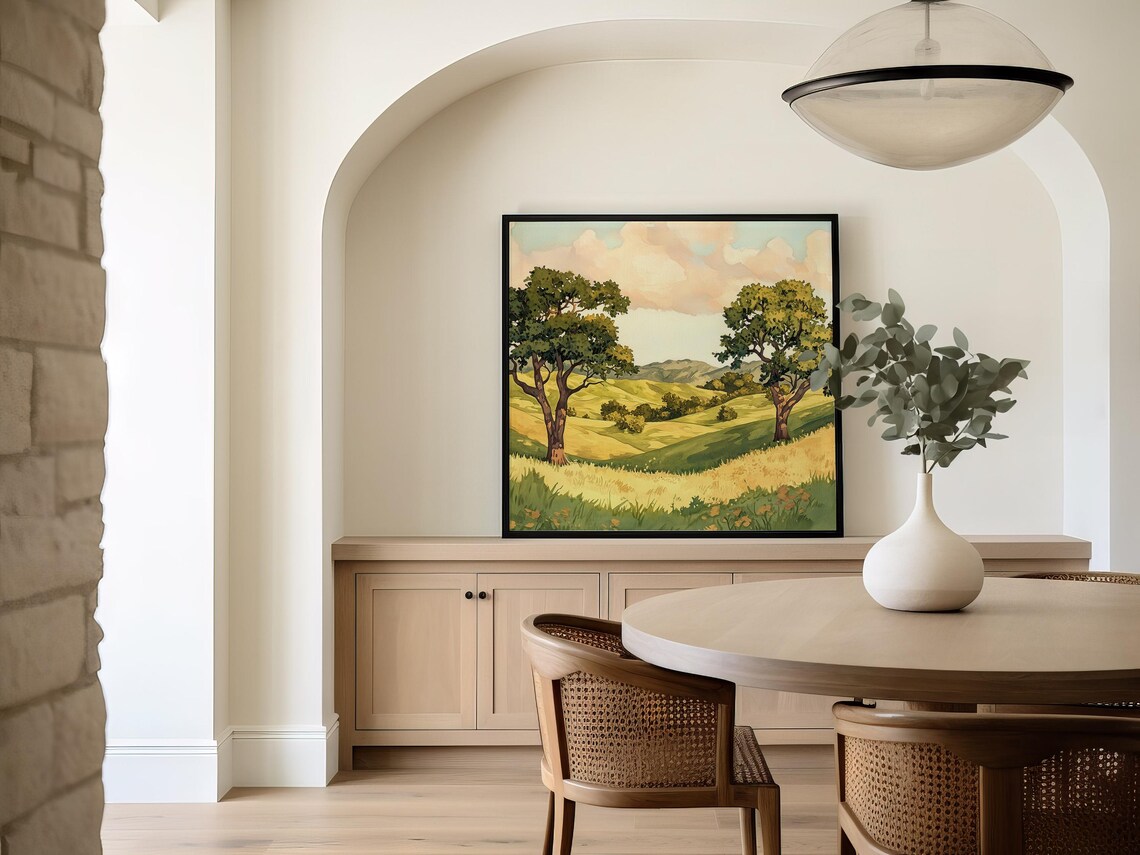 Rolling Green Hills Oak Trees Countryside Summer Landscape Wall Poster