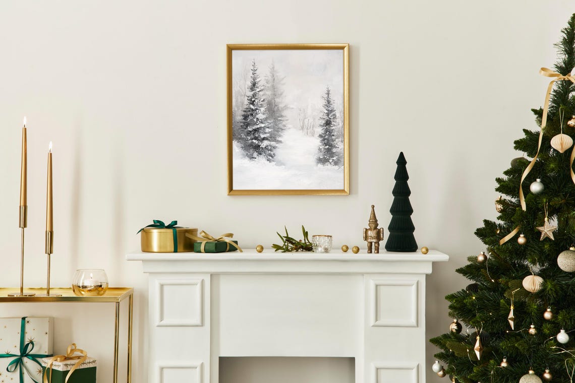 Soft Rustic Snowy Forest Gray Pines Winter Mantel Scene Poster